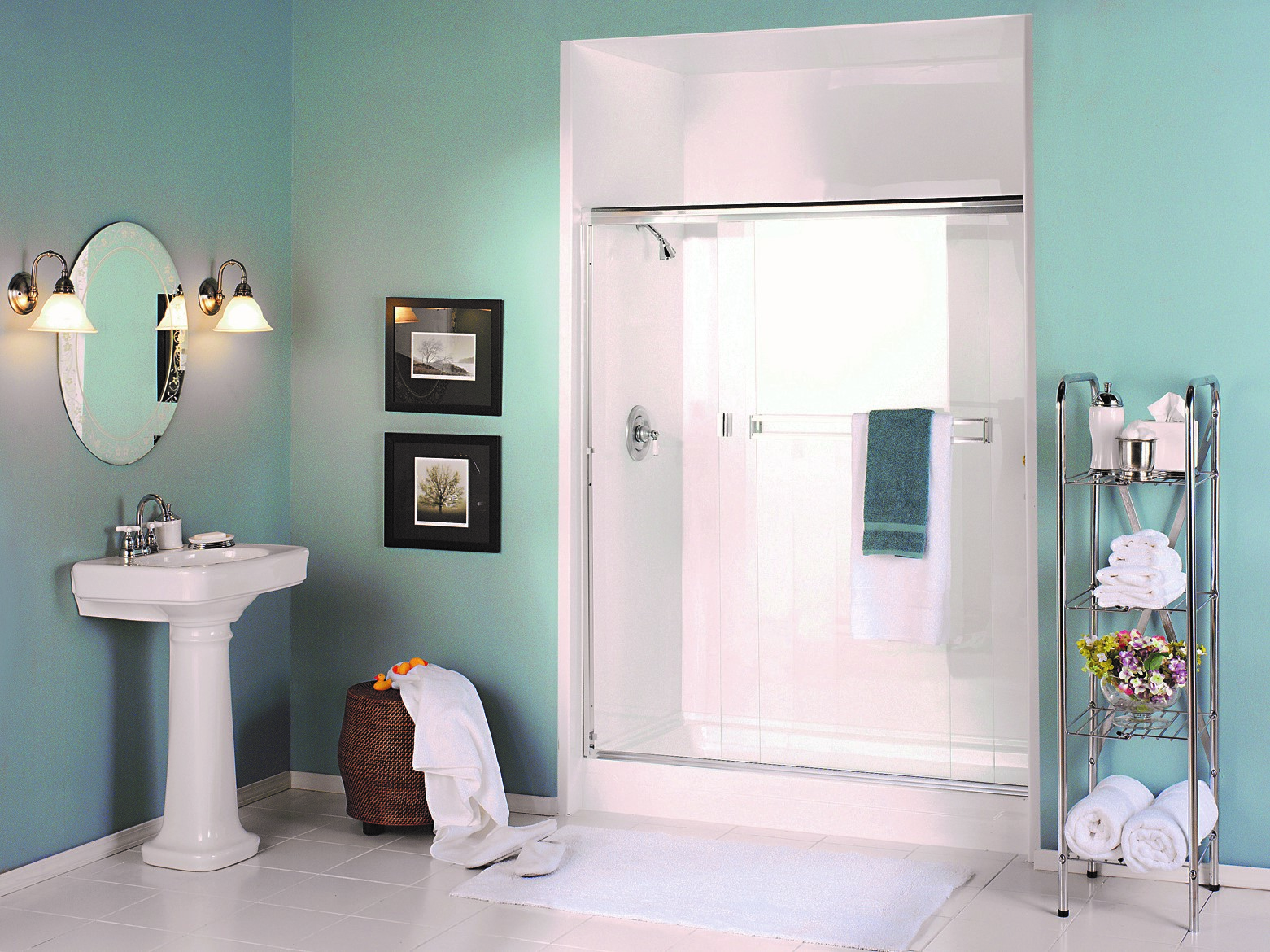 bathroom with standing shower and sink